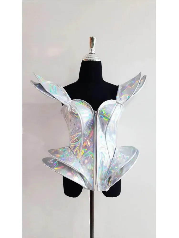 Nightclub Gogo Mini Bubble Dress White Laser Sexy One Piece Stage Performance DS Dance Bodysuit