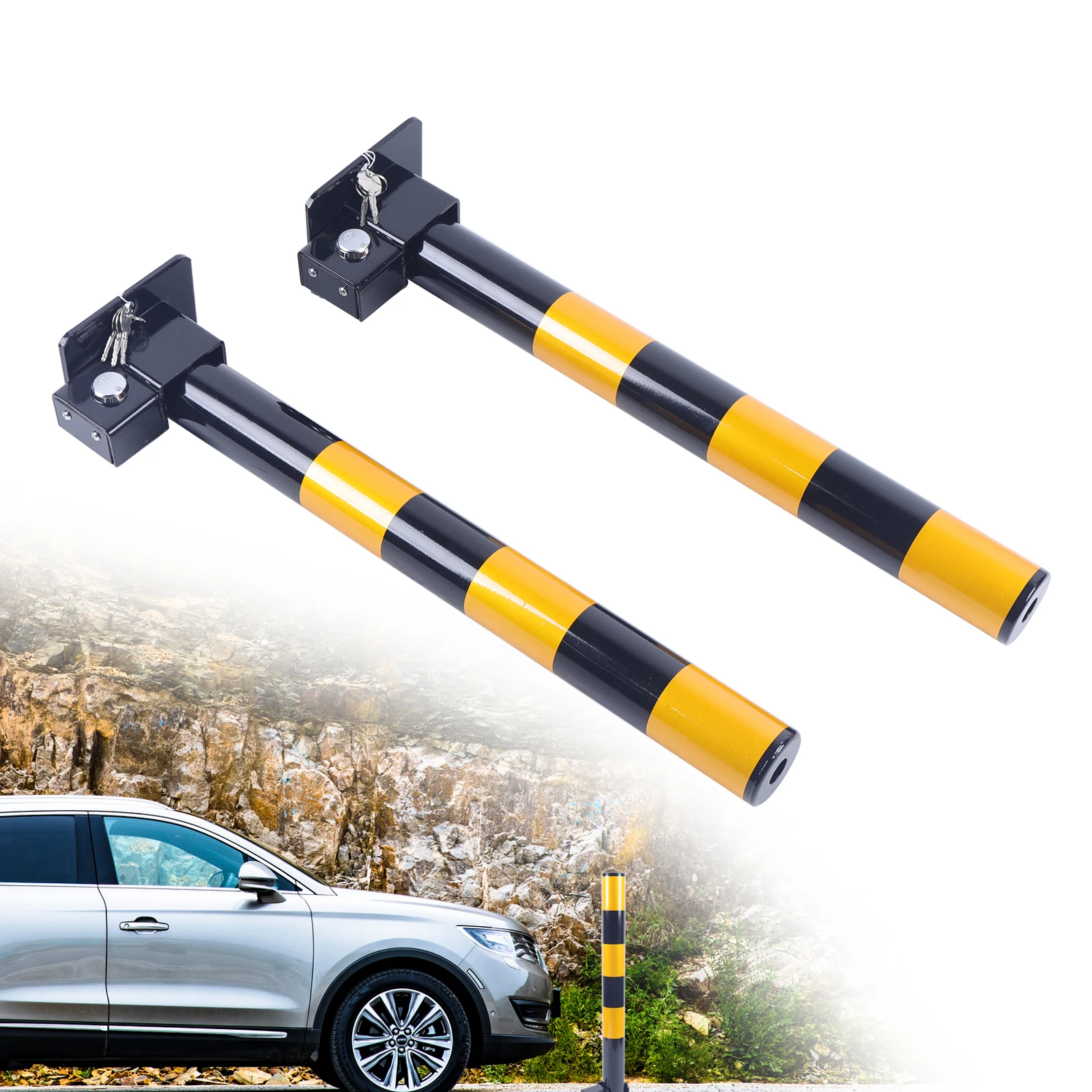 Metal Parking Space Lock Heavy Duty Folding Parking Barrier Lock - Metal Parking Post With Warning Stripes, Anti-Theft Parking Space Protector Heavy Metal Parking Pile