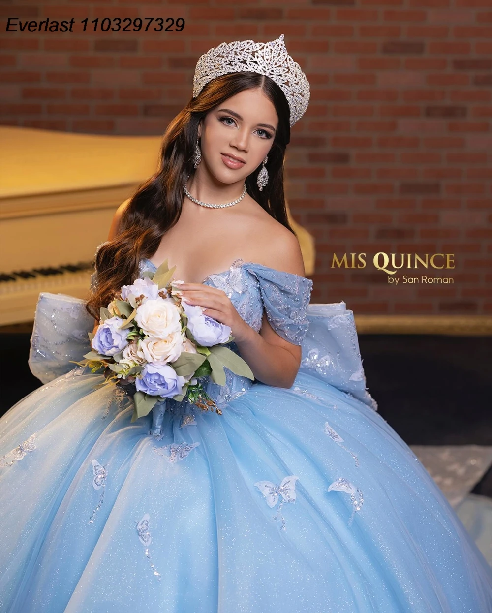 EVLAST Sky Blue Quinceanera Dress Ball Gown Butterfly Applique Beading Bow Sweet 16 Vestido De 15 Anos QD1196