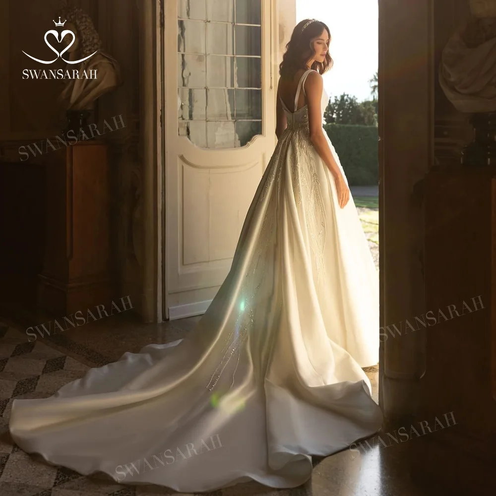V-neck Sleeveless Wedding Dress 2025 Beading Open Back customized Princess Bride Gown SwanSarah P277 Vestido De Novia 2