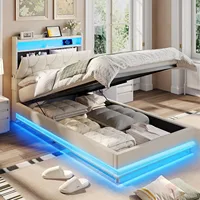 Twin Size Lift Up Bed Frame, Storage Headboard with Charging Station, LED Lights Upholstered Platform Bed, No Box Spring Needed 1