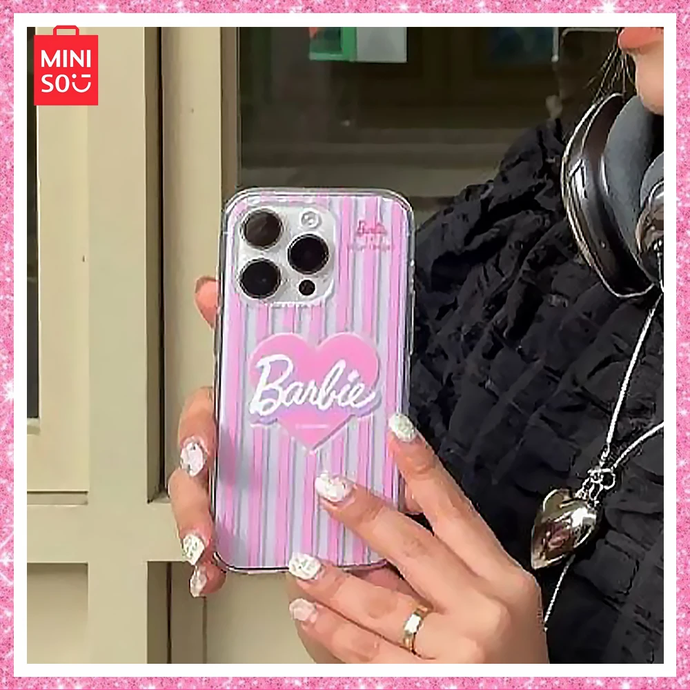 Miniso Barbie Y2 Girls Kawaii Print Pink Stripe Iphone 13/14/12Promax Custodia Per Telefono Full Cover Anti Drop Custodia Morbida Regalo