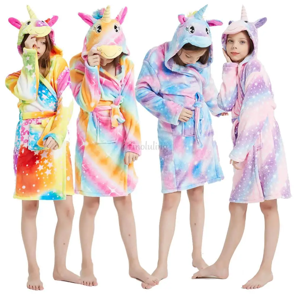 Rainbow Unicorn Kigurumi Girls Bathrobe Young Children Animal Cartoon Pajama Kids Bath Robe for 4 6 8 10 12 Years Hooded Kimono