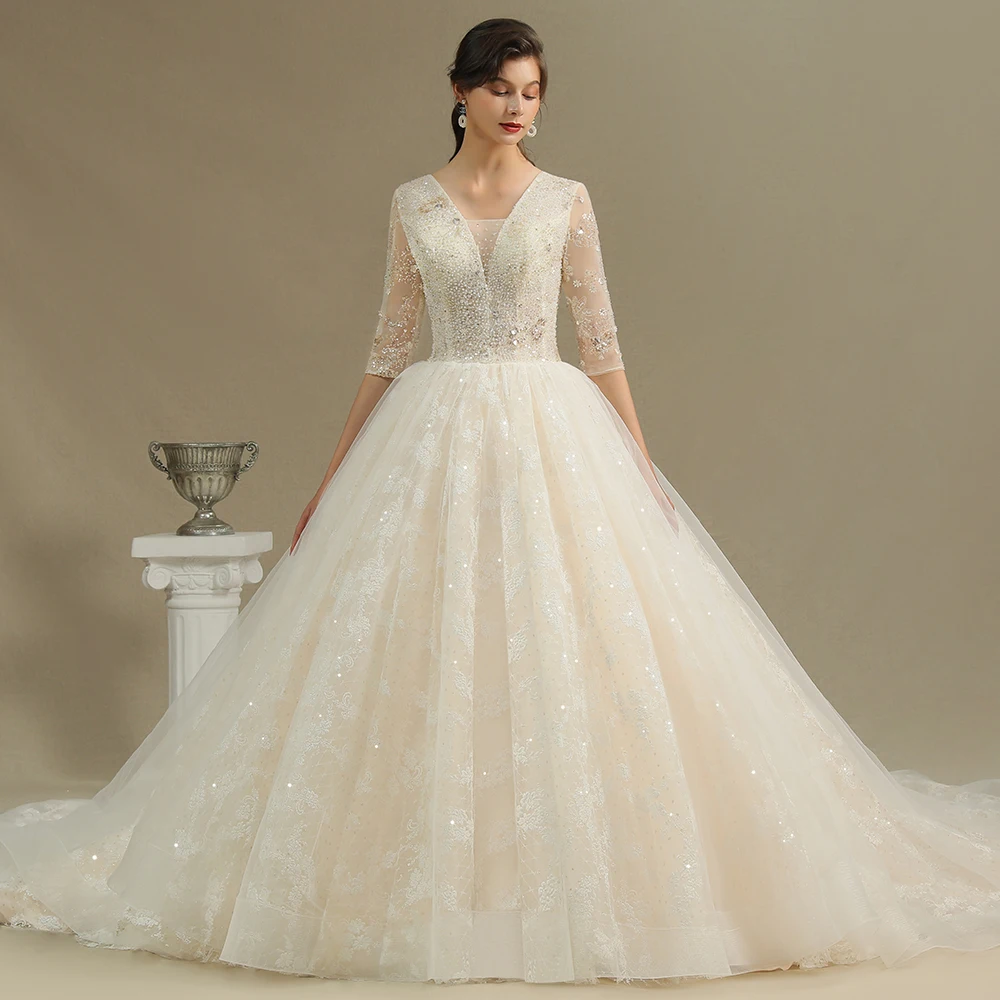 

Robe De Mariee 100% Real A Line Wedding Dresses V Neck Beading Sequins Short Sleeves Mariage Bride Dresses Custom Dresses