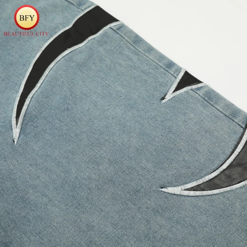High Street Black Blue ThugClub Star and Moon Patchwork Leather Embroidery Logo Straight Loose High Quality Mens Womens Jeans 5