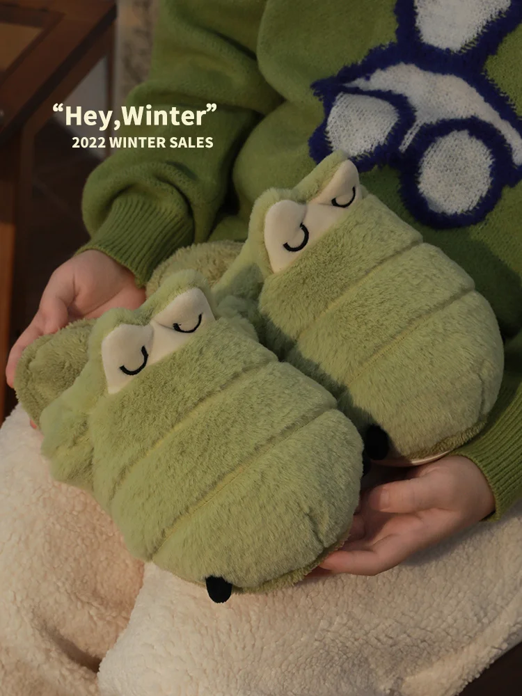 

Cute Crocodile Cotton Slippers Female 2022 Winter Cute Cartoon Home Indoor Winter Man Slippers Lovers Warm Couple Plush Slippers