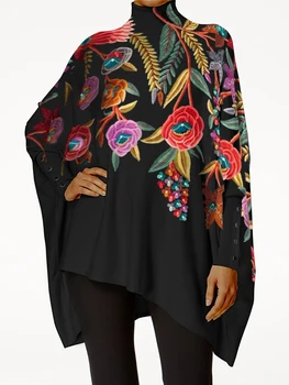 Turtleneck Floral Printed Women Plus Size Tee Top Casual Vintage Casual Smock Top Spring High Street Irregular Hem Loose T Shirt 1