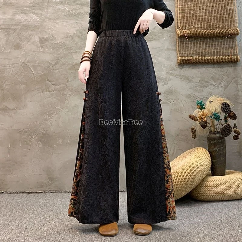 Chinese Style Button Design Loose Comfortable Casual Wide Leg Retro Embroidery Cotton Linen Pants