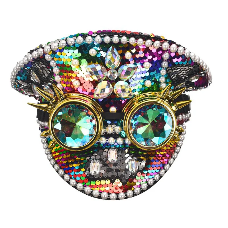 Corzzet Luxury Silver Sequined & Diamonds Club Party Rave Rock Cosplay Accessories Steampunk Military Hat Masquerade Costumes,cosplay hats