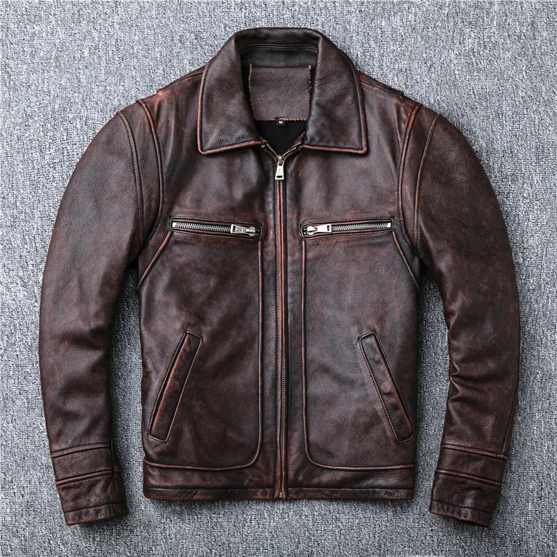 

May Khaki Red Brown Heavy Industry To Do Old Locomotive Vintage First Layer Cowhide Leather Jacket Men Lapel Leather Jacket