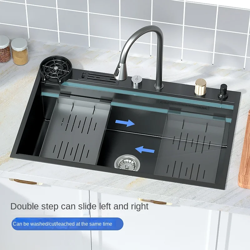 Waterfall Kitchen Sink Nanometer 304 Stainless Steel Large Single Slot Kitchen Accessories Waterfall Faucet Vegetable Basin 2