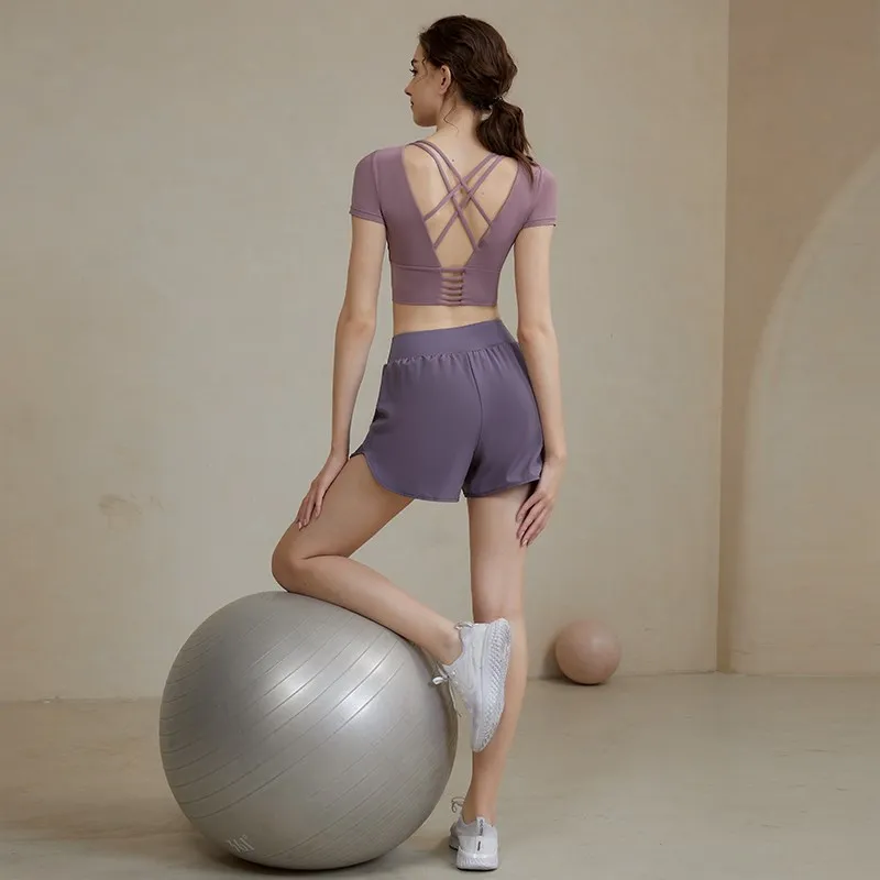 Women Summer Breathable Tee Cross Back Yoga Shirts Nylon Spandex Crop Top Gym Sports Shirt Workout Open Back Top Short Sleeve