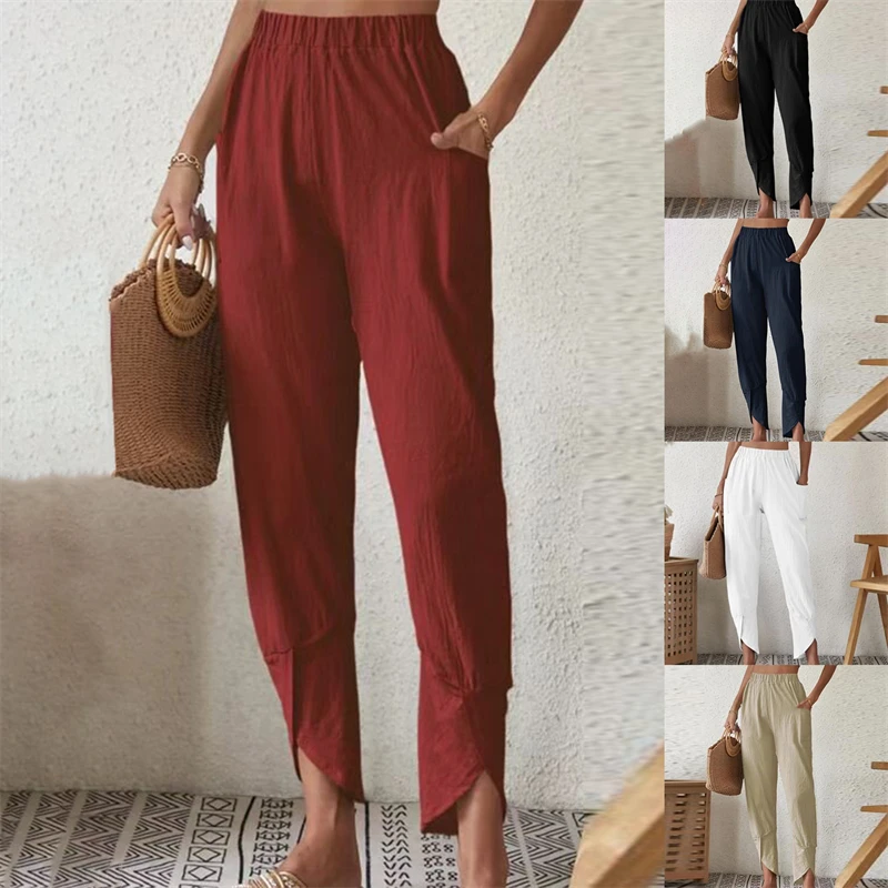 

Women Straight Pants High Waist Elastic Lace Up Cotton Linen Long Pants Female Solid Color Casual Loose Wide Leg Trousers Daliy