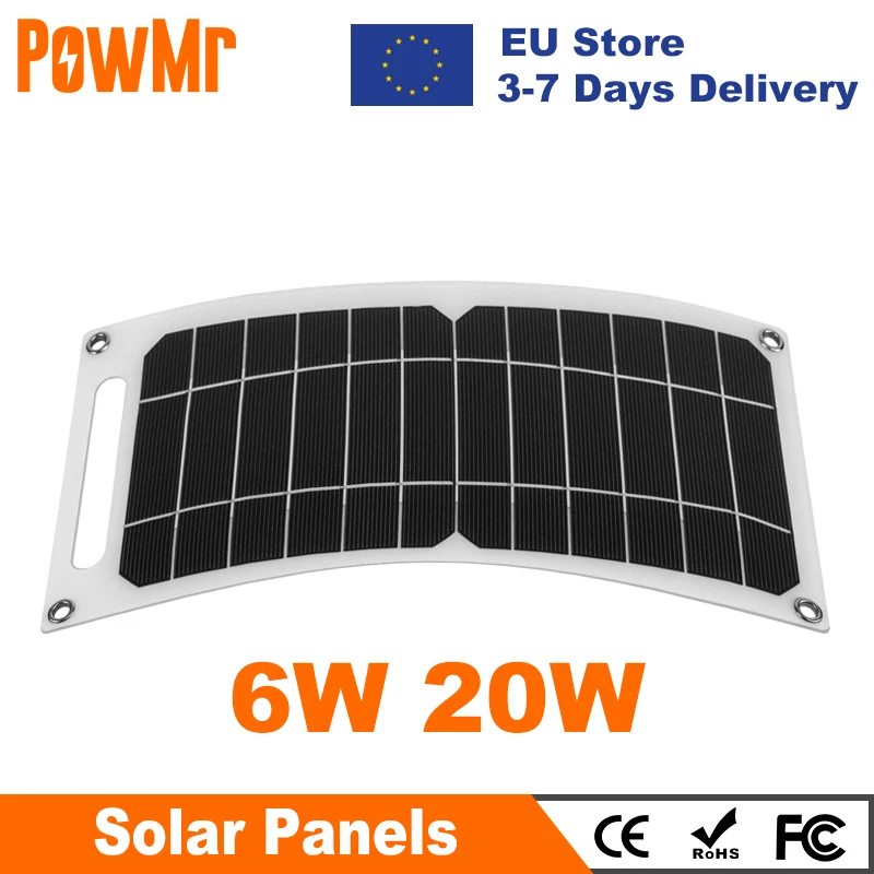 Powmr Pannelli Solari 6W 20W 12V Kit Di Piastre Solari Portatili Flessibili Per Celle Solari Per Camper Car Home Camping Batteria Esterna Sistema Sola