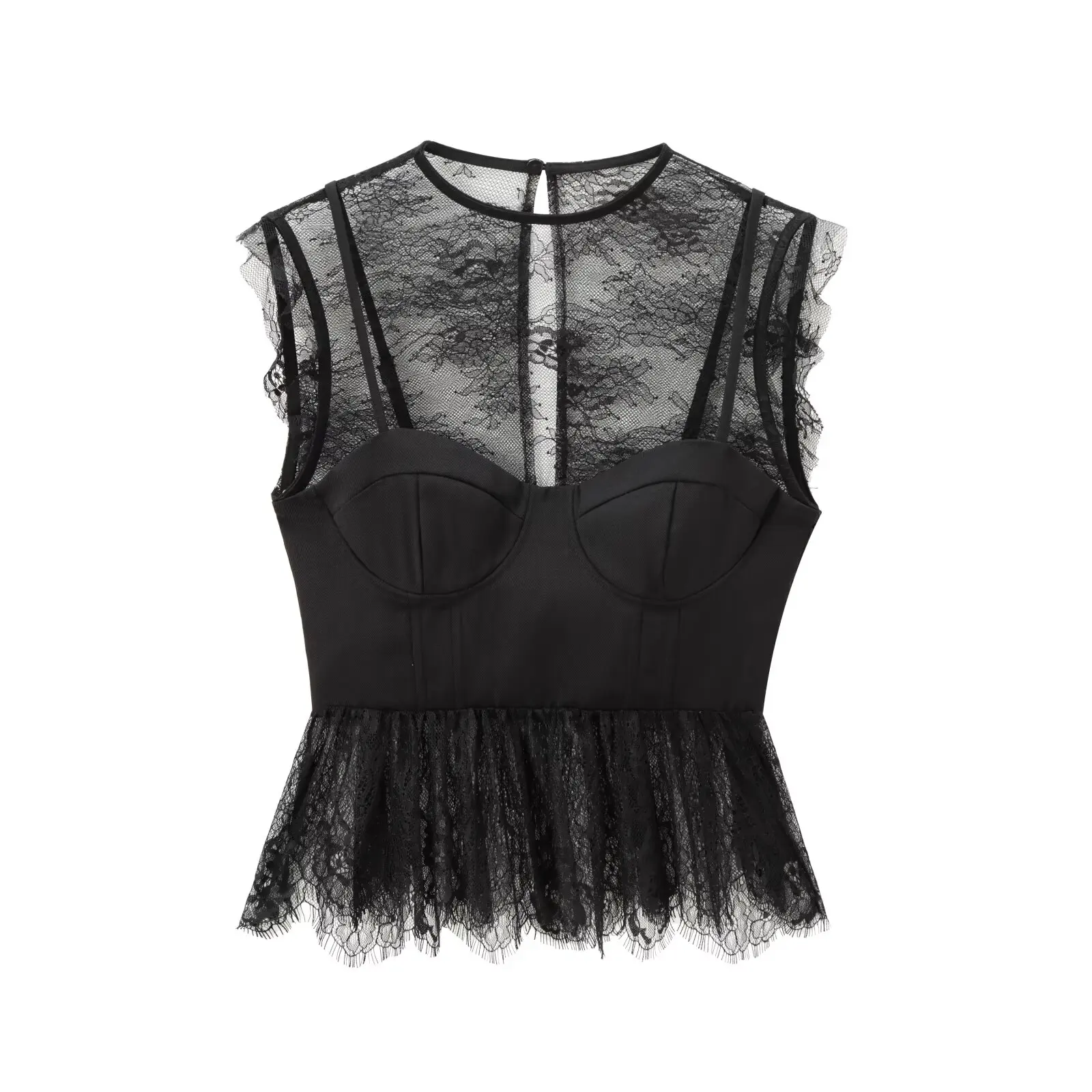 thumbnail image 1 of HH TRAF Moda de verano para mujer, blusa corta de encaje con cremallera lateral sin mangas negra, blusa sexy de calle alta con hueco en la espalda para mujer, 1 of 5