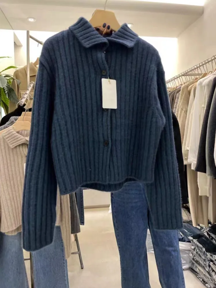 

Soefdioo Solid Ribbed Knit Cardigan Women Fashion Lapel Single Breasted Loose Short Sweater Coat 2023 Winter Casual Streetwear