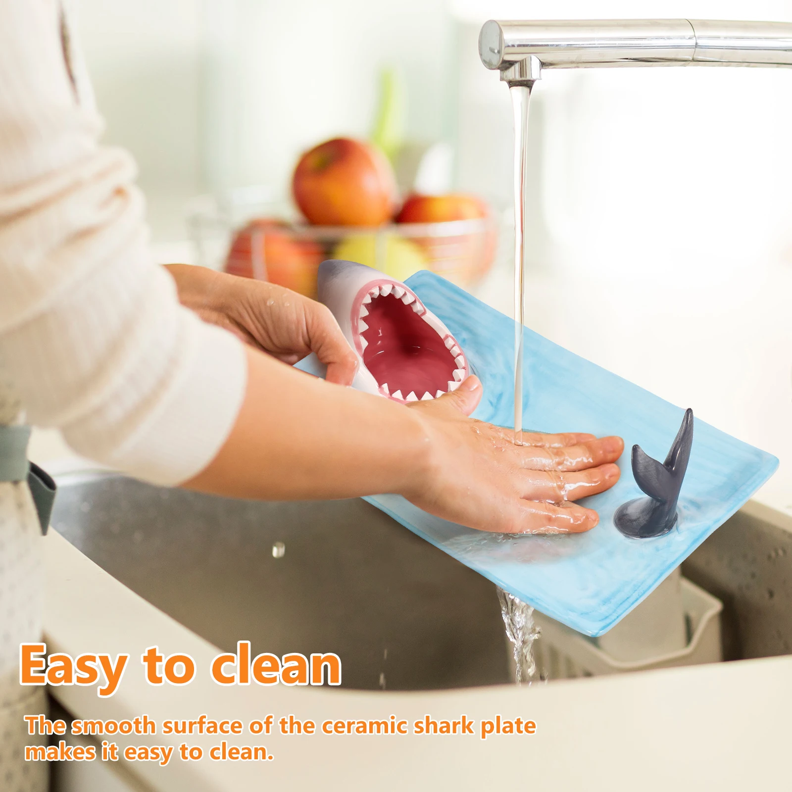 Sushi Serving Plate Ceramic Shark Shape Porcelain Platter with Soy Sauce Holder