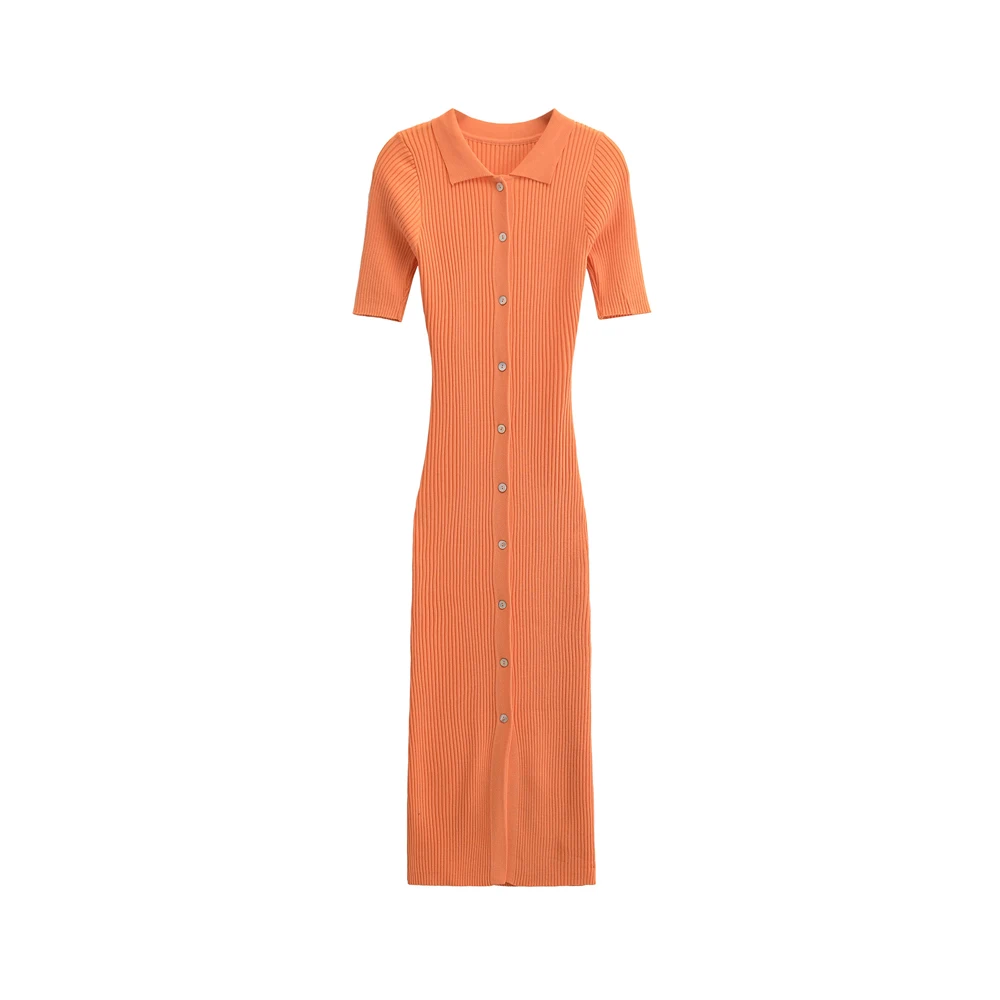 Description Picture 6 of itemTRZA-Ribbed Knit Midi Dress with Buttons for Women, Polo Collar, Short Sleeve, Female Dresses, Chic Fashion