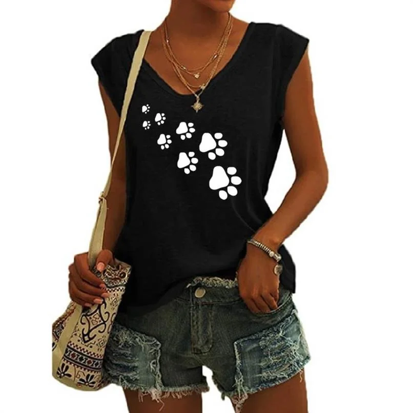 

Женский топ с принтом собаки и кота, повседневная сексуальная майка, топ с V-образным вырезом, простая свободная футболка без рукавов, новый ...