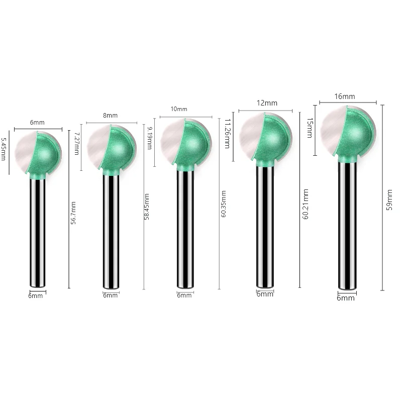 

CHWJW 5PC 6mm Shank6 8 10 12 16mm Ball Nose Round Carving Router for Wood Cove CNC Milling Cutter Radius Core Tungsten Carbide