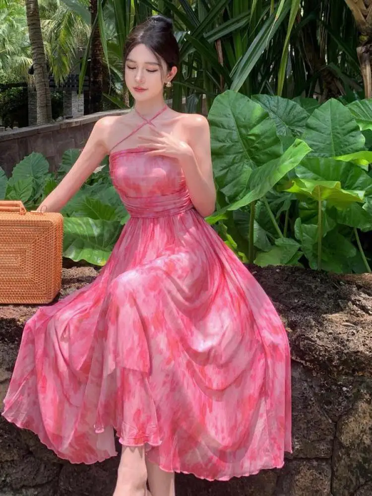 

French Pink Print Elegant Vacation Long Dresses 2024 Summer Birthday Evening Party Women Clothes Fashion Sundress Ladies New