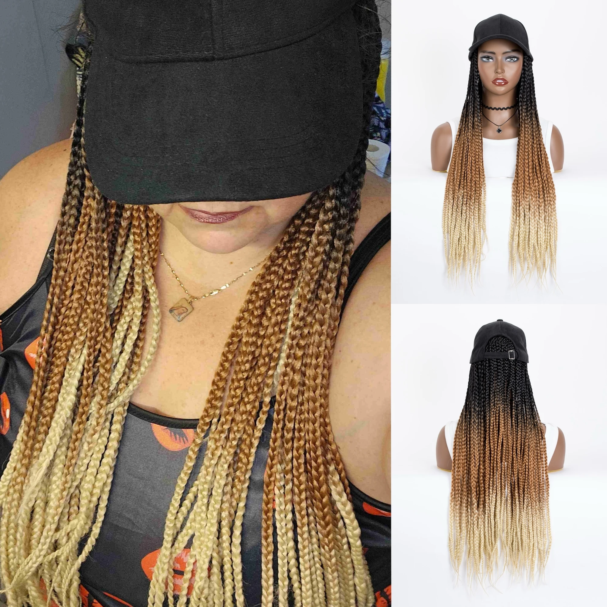 

WIGERA 24inch Ombre 1B/30/613 On Sale Long Braiding Hair Baseball Cap Hat Wig With Braided Box Braids Hair Extensions For Women