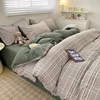Nordic Plaid Pattern Wash Cotton Bedding Set Duvet Cover Pillowcase Bed Sheet Set Comforter Cover Bed Linens Set Queen King Size 1