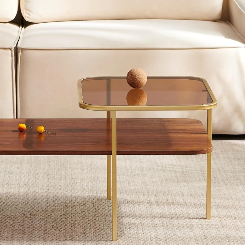 Modern Glass and Wood Coffee Table for Living Room, Mid-Century Brown Glass Coffee Table, Double Layer Center Table. 6
