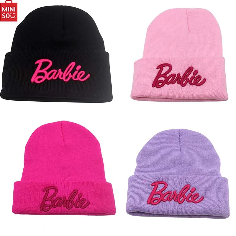 

Miniso Barbie Kawaii Cartoon Six Models Knit Cap Winter Warm Letters Embroidery Wool Cap Men and Women Couples Pullover