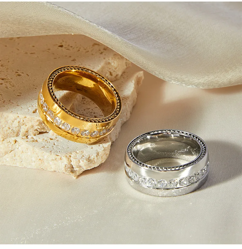 Luxuriöser Zirkon-Ring für Damen 316L Edelstahl Vergoldet Runder Paar-Verabredungsring Vintage Wasserdichter Schmuck Geschenk – Detail 10
