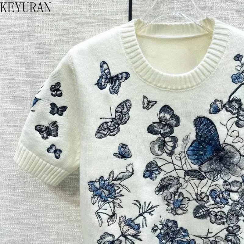 Spring Summer Butterfly Flower Embroidery Sweaters Women's Knit T-Shirt Design Runway O-Neck Short Sleeve Pullover Sweater Mujer