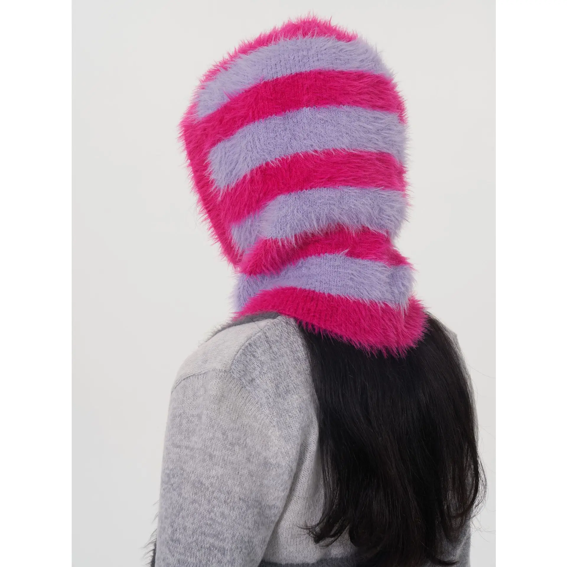 Women Winter Beanie Hats One-Piece Knit Balaclavas Stripes Imitation Mink Velvet Hats Scarf Hat 3