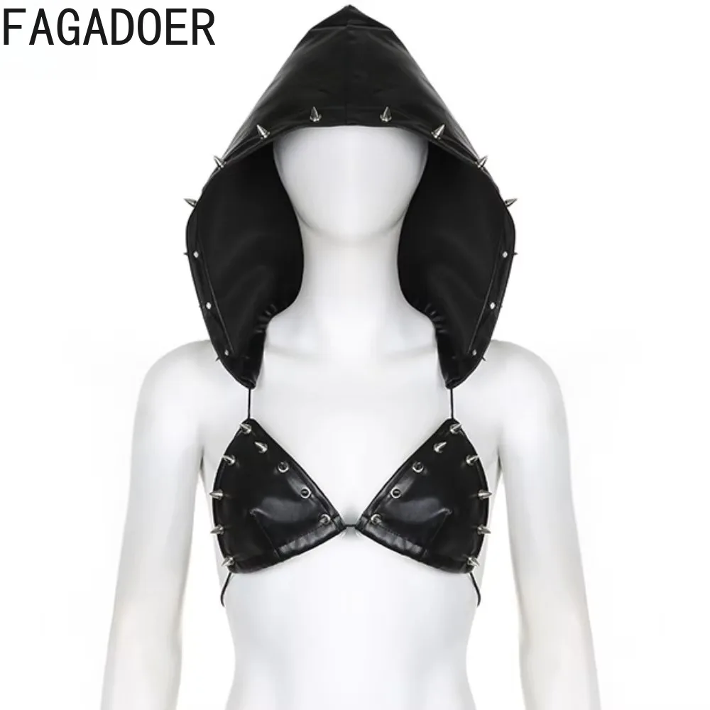 FAGADOER Punk Sexy Leather Pleated Mini Skirts Two Piece Set Women Hooded Backless Lace Up Crop Top And Skirts Nightclub Outfit 2