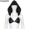 FAGADOER Punk Sexy Leather Pleated Mini Skirts Two Piece Set Women Hooded Backless Lace Up Crop Top And Skirts Nightclub Outfit 2