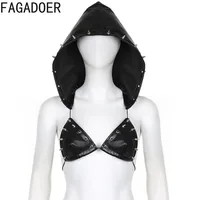 FAGADOER Punk Sexy Leather Pleated Mini Skirts Two Piece Set Women Hooded Backless Lace Up Crop Top And Skirts Nightclub Outfit 2