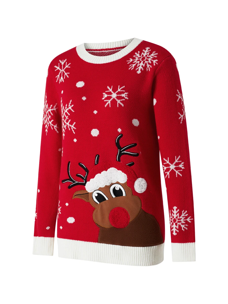 Winter Snowflake Reindeer Patterned Sweater Cozy Crew Neck Long Sleeve Knitwear for Adults Unisex S M L XL XXL XXXL Size