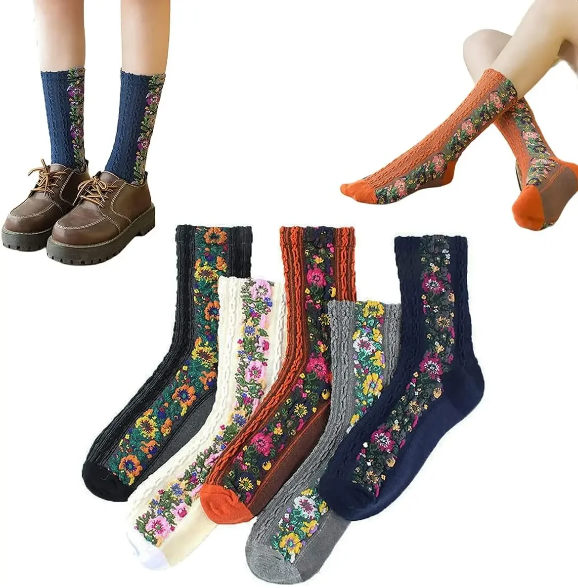 

5 Pairs Vintage Embroidered Floral Socks Embroidered Socks Winter Thickened Warm Women Vintage Socks Flower Socks for Woman