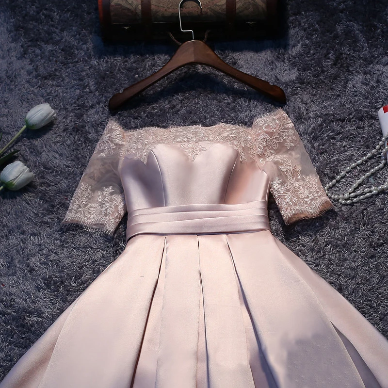 Satin Pearl Pink A-Line Cocktail Dresses Off The Shoulder Half Sleeves Lace Applique Short Women Formal Party Prom