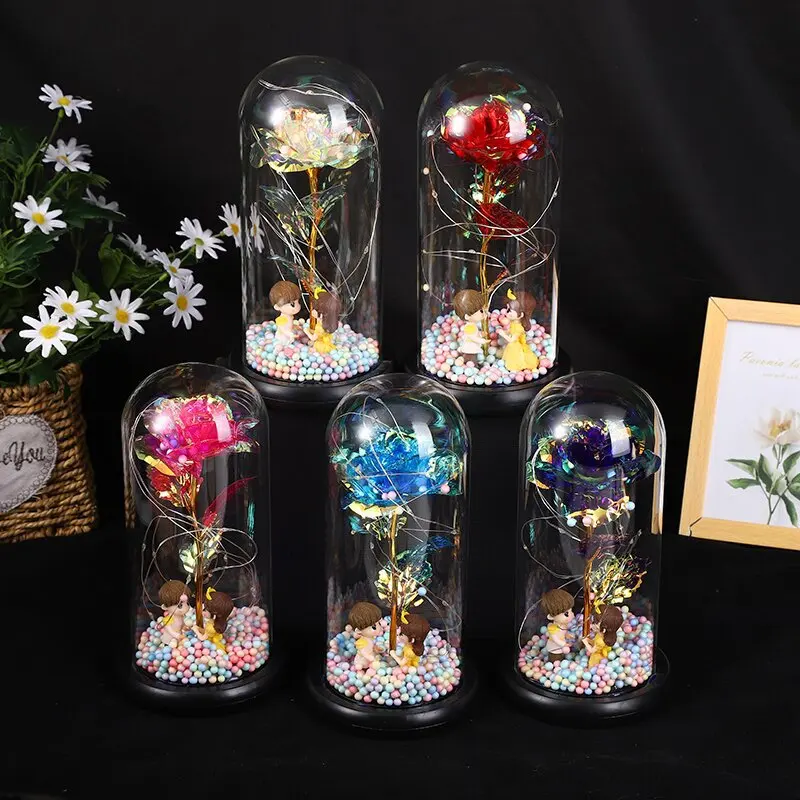 

2023 Valentines Day Birthday Flower Beauty And The Beast LED Galaxy Light Up Rose in Glass Dome Gift For Mom Wife Grandma