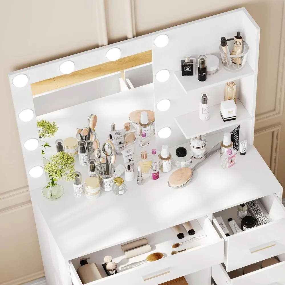 Illuminated Makeup Vanity Table with Storage and Mirror, 4-Drawer Bedroom Dressing Table with 10 LED Lights