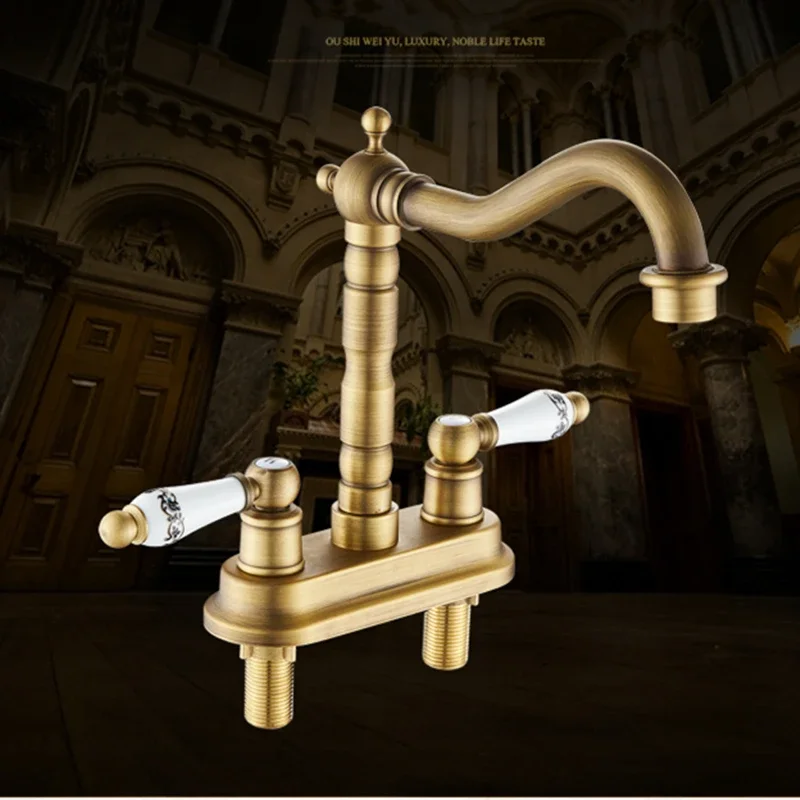 

Brass Antique Faucet Dual Hole Washbasin Tap Deck Mounted Rotatable Sink Faucet Dual Handle Bathtub Faucet Bronze Bathroom Mixer