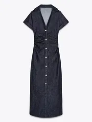 Elegant Pleated Denim Dress - Short Sleeve Lapel Slim Fit Fashion - M (Dress)