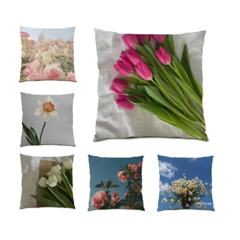 

Tulip Rose Pattern Pillowcase 45x45 Flower Double Sided Cushion Cover Square Nordic Floral Pillow Cover Party Decor Gift DF1213