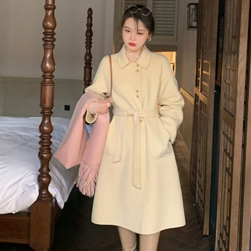 Women's High-End Reversible Cashmere Coat, Long, Below the Knee, Hepburn Style, Loose Woolen Outwear, Female Casual Top, Winter