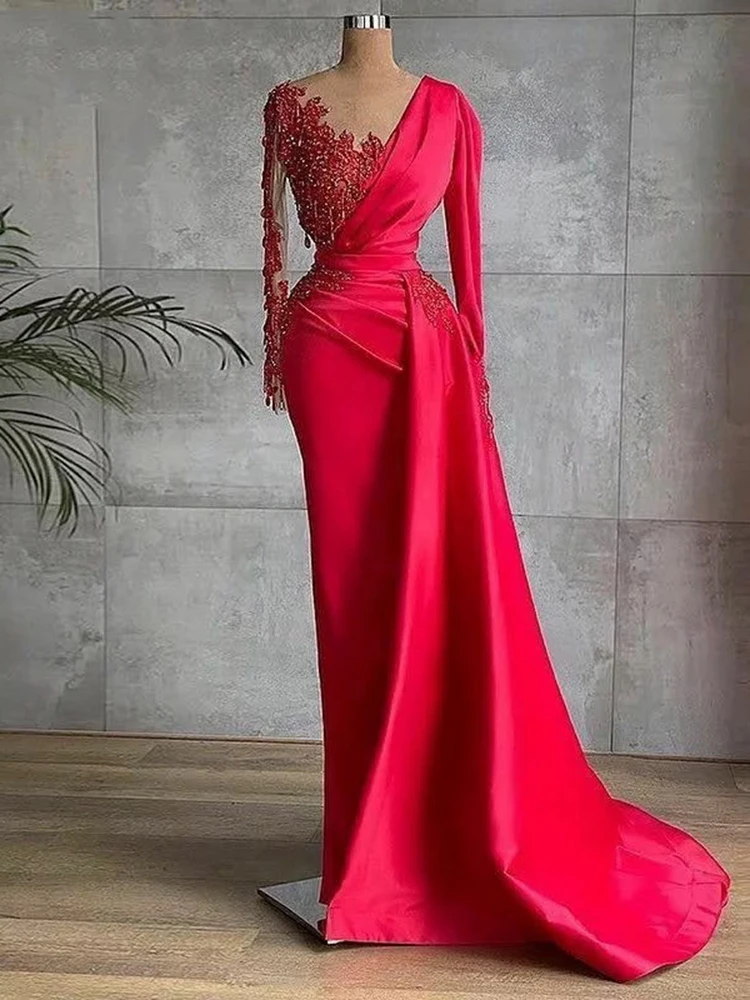 

GUXQD Red Long Sleeves Evening Dresses Sexy Scoops Neck Satin Applique Vestidos De Festa Princess Formal Prom Pageant Party Gown
