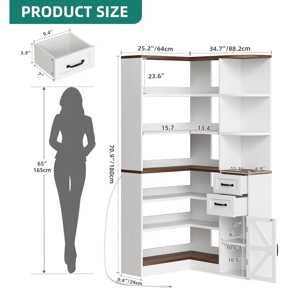 corner bookshelf with storage, farmhouse 6-tier bookshelf with drawers and cabinets, l-shaped bookcase led lights corner displa