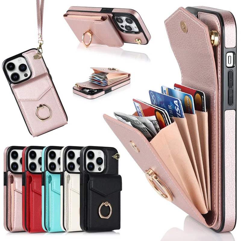 Multi Card Slot With Finger Ring Phone Cover For Iphone 14 Plus 13 12 Mini 11 Pro Max Xr Xs 7 8 Plus Se 2020 Wallet Lanyard Case