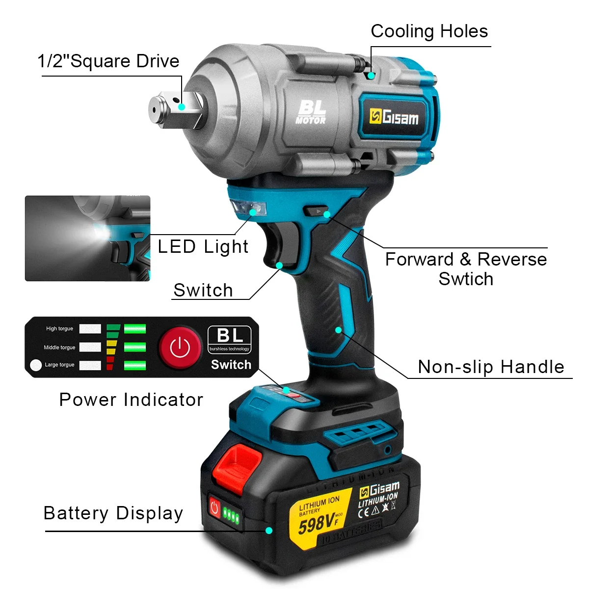 2000N.M Torque Brushless Electric Impact Wrench 1/2 inch Screwdriver Cordless Electric Wrench Power Tools For Makita 18V Battery 6