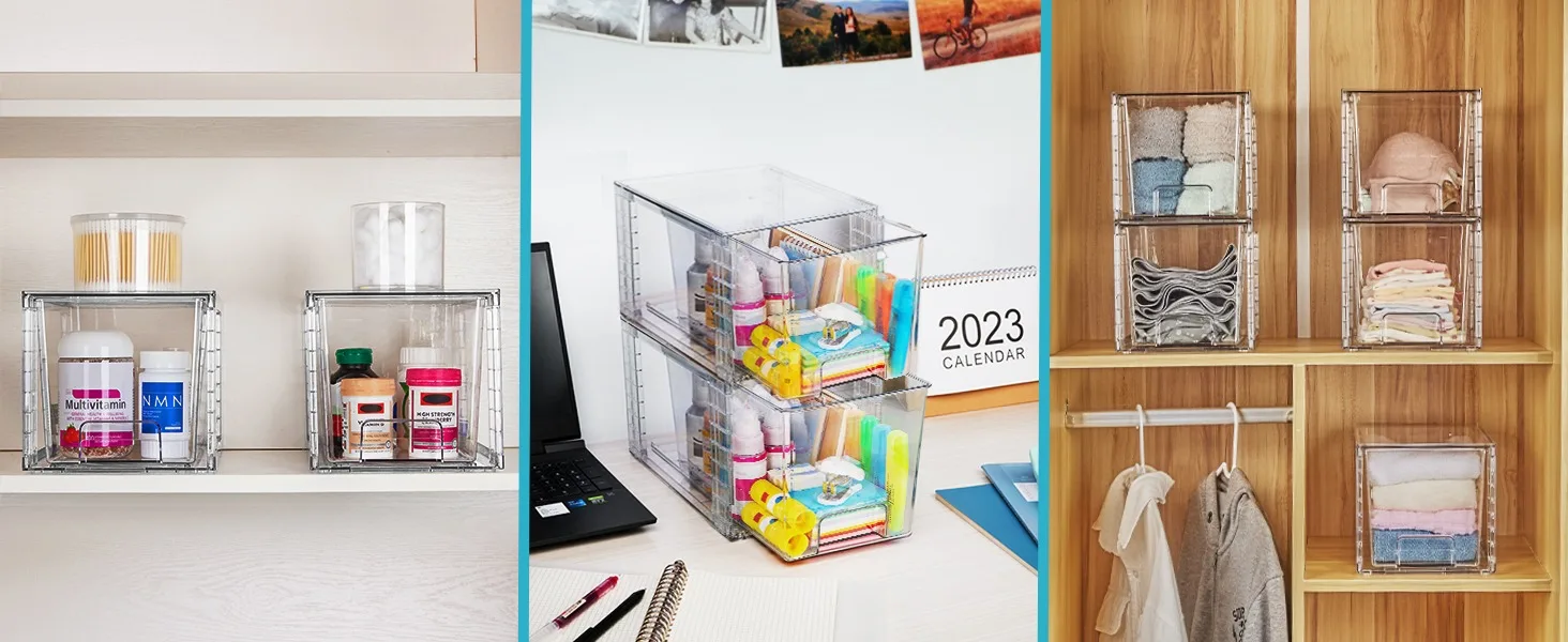 Description Picture 5 of itemVtopmart 4 Pack Large Stackable Storage Drawers,Clear Acrylic Drawer Organizers with Handles, Easily Assemble for Bathroom