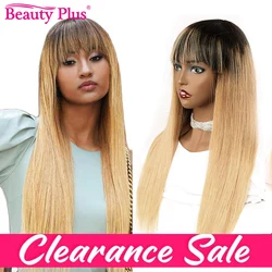 Ombre Honey Blonde  Straight Fringe Wig with Bangs 100% Remy Human Hair for Africa American Full Machine Made Glueless Clearance
